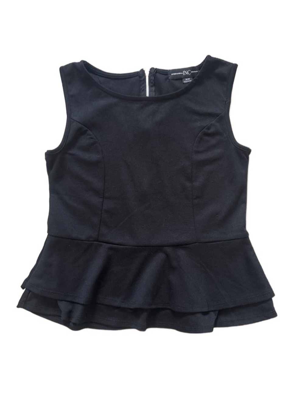 INC International Concepts Black Sleeveless Peplum Shell with Gold Zip